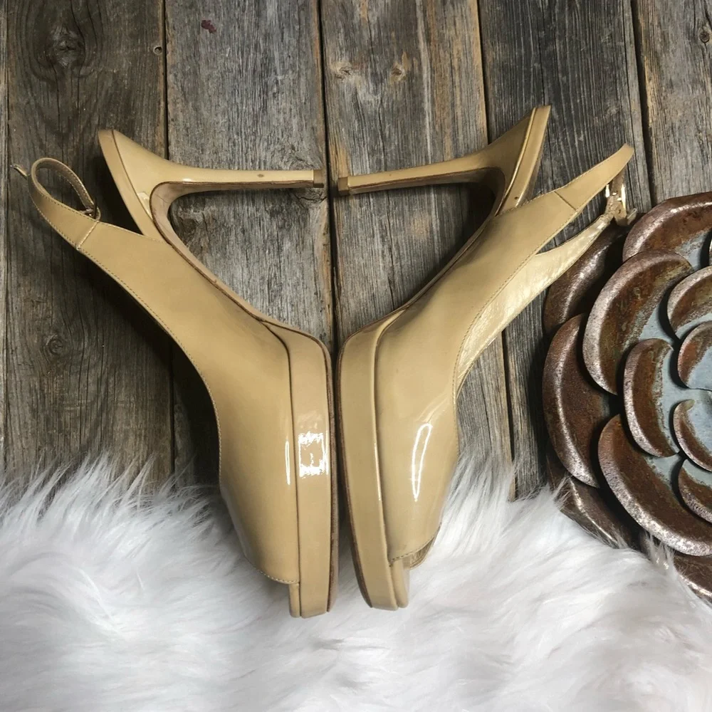Jimmy Choo Beige Patent Leather Peep-Toe Slingback Heels
